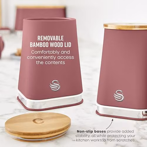 Swan Nordic Set of 3 Kitchen Storage Canisters in Pink Floral with Metal and Wood Accents, 1.3 l – 5