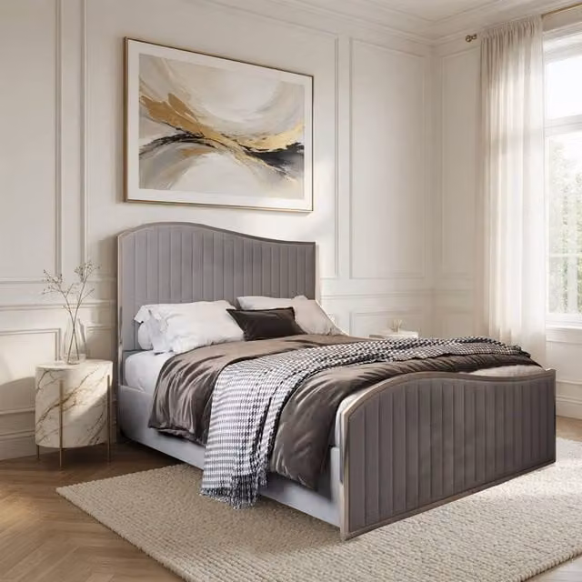 Casani Totternhoe Upholstered Velvet Bed Frame in Grey, W/D/H: 140 x 137 x 128 cm – 1