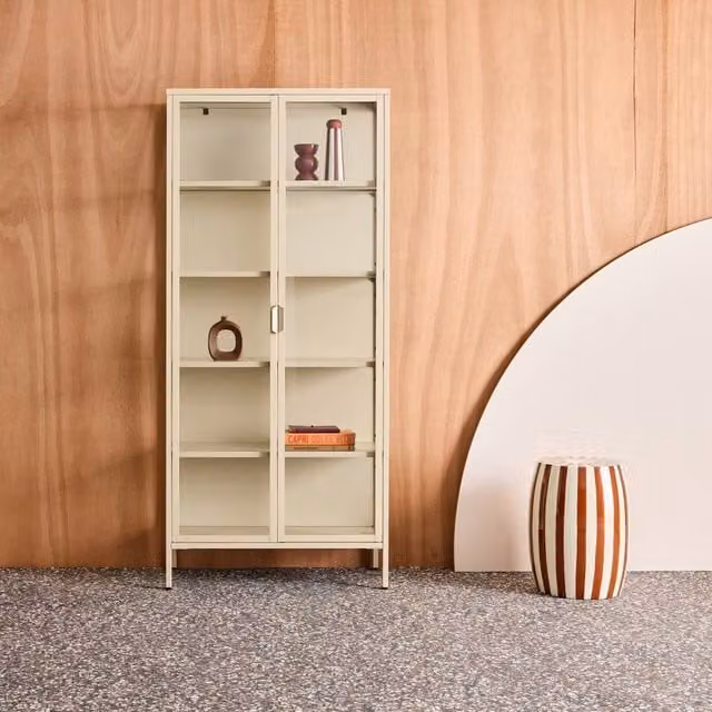sweeek Industrial Sideboard and China Cabinet in Beige with Steel and Tempered Glass and 2 Doors