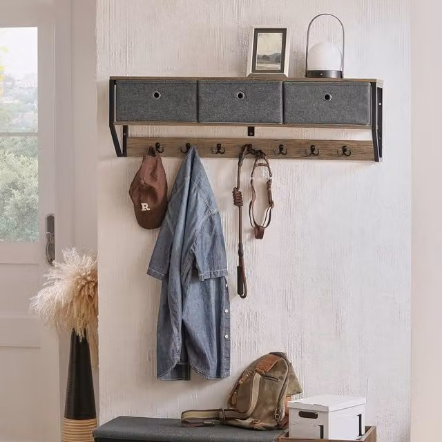 SoBuy Industrial Wall-Mounted Coat Rack with 7 Hooks and 3 Baskets in Dark Grey – 1
