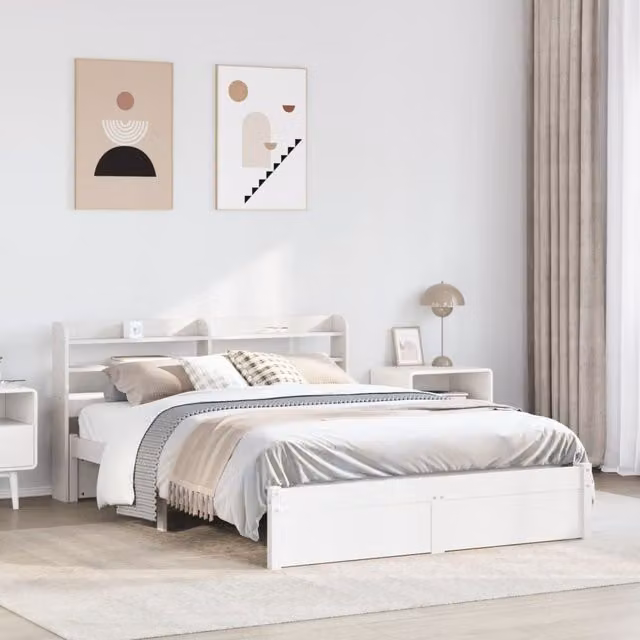 Berkfield Home White Pine Wood Bed Frame with Headboard and USB Charging Port W/D/H: 160 x 200 cm