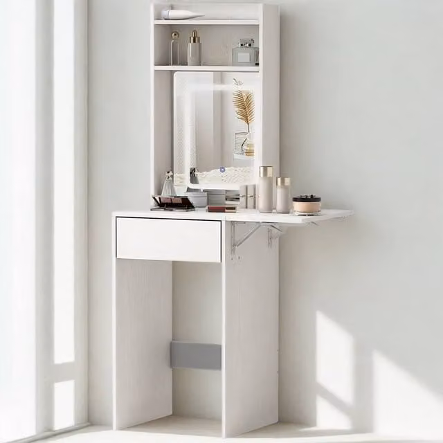 Pirlo Plush White Drop Leaf Dressing Table with 1 Drawer, Mirror and LED Lights, W/D/H: 152 x 45 x 45 cm – 1