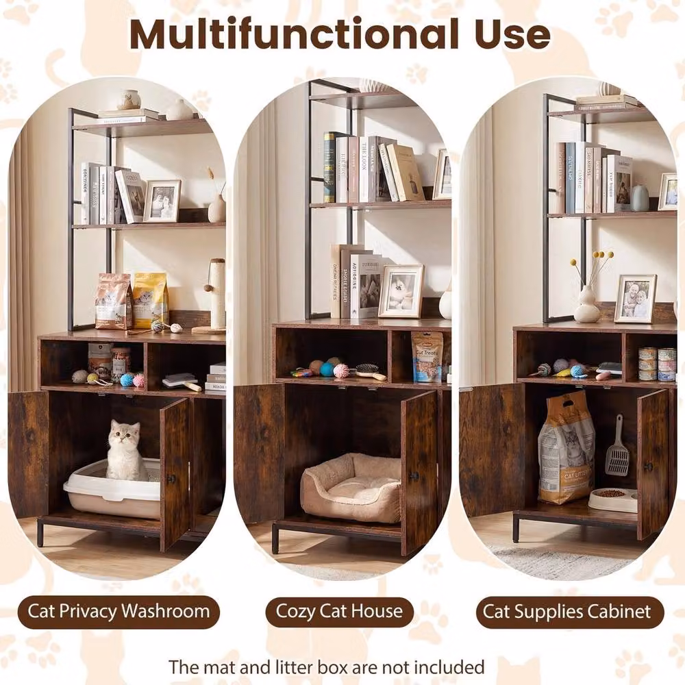 FORGEVIO Industrial Wooden Cat Litter Box Cabinet with Metal Frame, Brown – 3