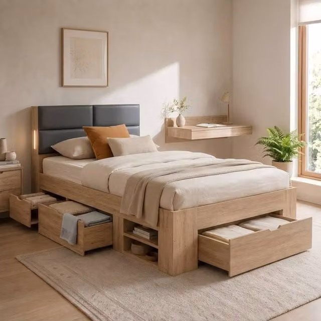 ModernLuxe Wood Frame Storage Bed in Brown with 3 Drawers, Bedside Shelves and Integrated LED Light, W/D/H: 140 x 90 x 200 cm – 1