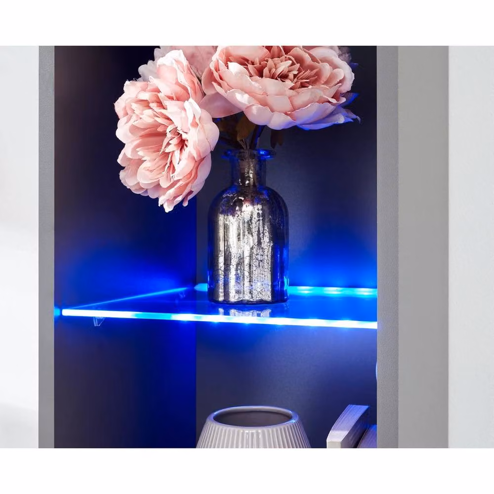 FORGEVIO Modern Tall LED Display Cabinet with Integrated Lighting and Hinged Doors in Black and Grey – 4
