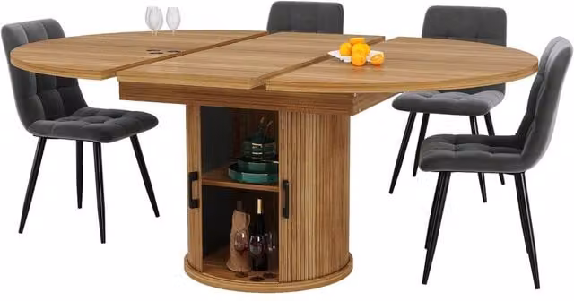 Rolipo Extendable Round to Oval Dining Table in Walnut and Black, Seats 6 – 1