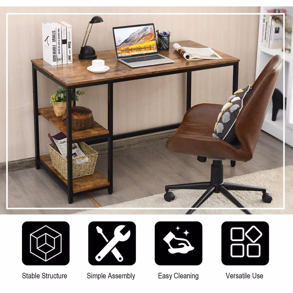 Costway Industrial Computer Desk with Storage Shelves in Brown, W: 120 cm, D: 60 cm – 5