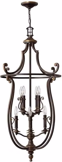 Elstead Plymouth 8 Light Lantern Ceiling Pendant in Bronze with Amber Transparent Fabric Shades and E14 Base