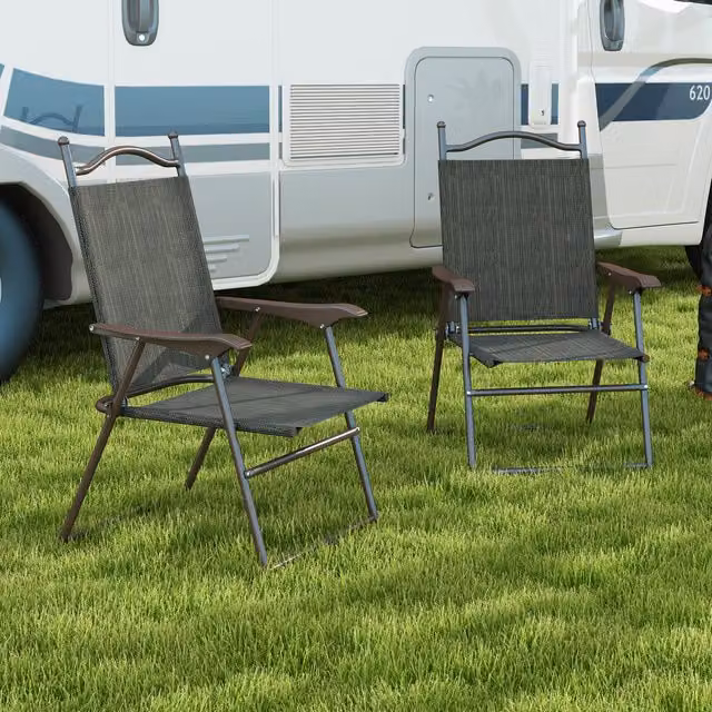 Outsunny Set of 2 Folding Chairs with Armrests and Breathable Mesh Seats in Dark Brown