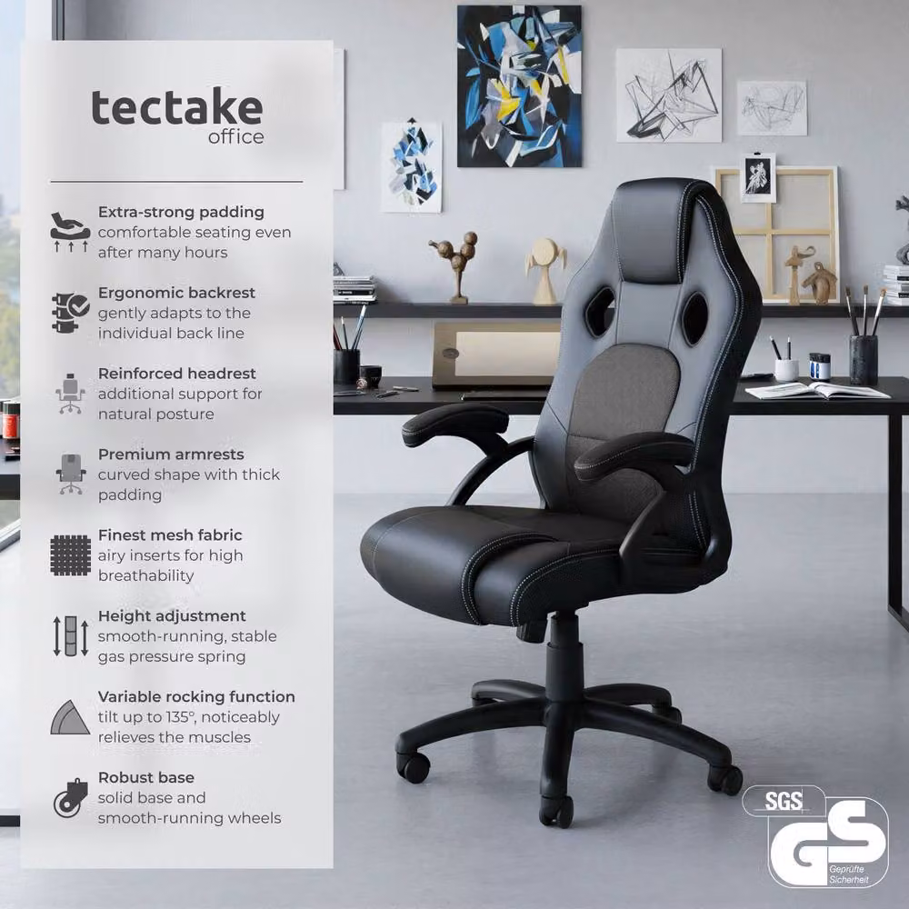 tectake Tyson Ergonomic Gaming Chair in Black with Synthetic Leather and Armrests – 2