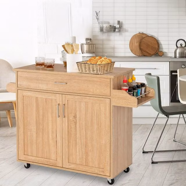 COSTWAY Modern Brown Wood Rolling Kitchen and Dining Room Storage Trolley with Matt Finish