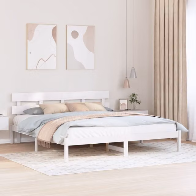 Berkfield Home White Solid Wood Pine Bed Frame with Headboard W/D/H: 180 x 200 cm