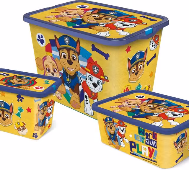 Paw Patrol Set of 3 Plastic Storage Boxes for Children in Multicolour and Yellow