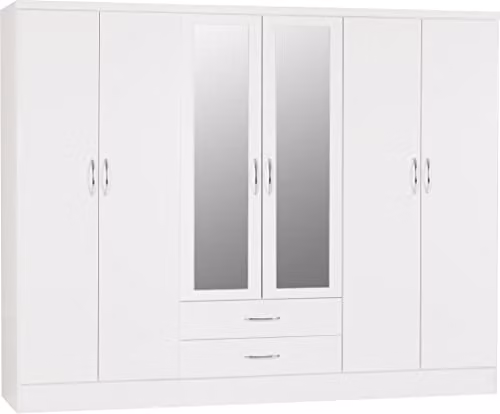 Seconique Nevada 6 Door 2 Drawer Mirrored Wardrobe in White Gloss, H 230 x W 183 x D 52 cm – 1