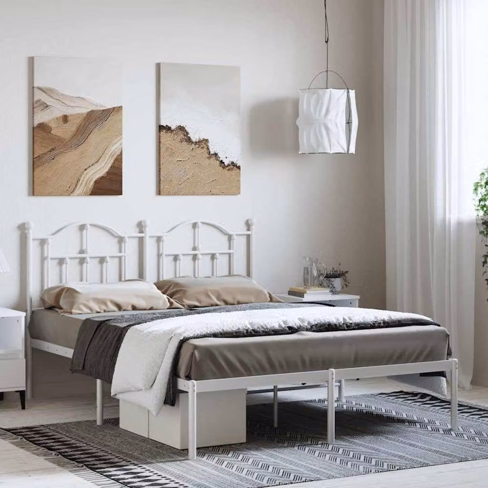 Berkfield Home Metal Bed Frame with Headboard in White, W: 150 cm, L: 200 cm – 1