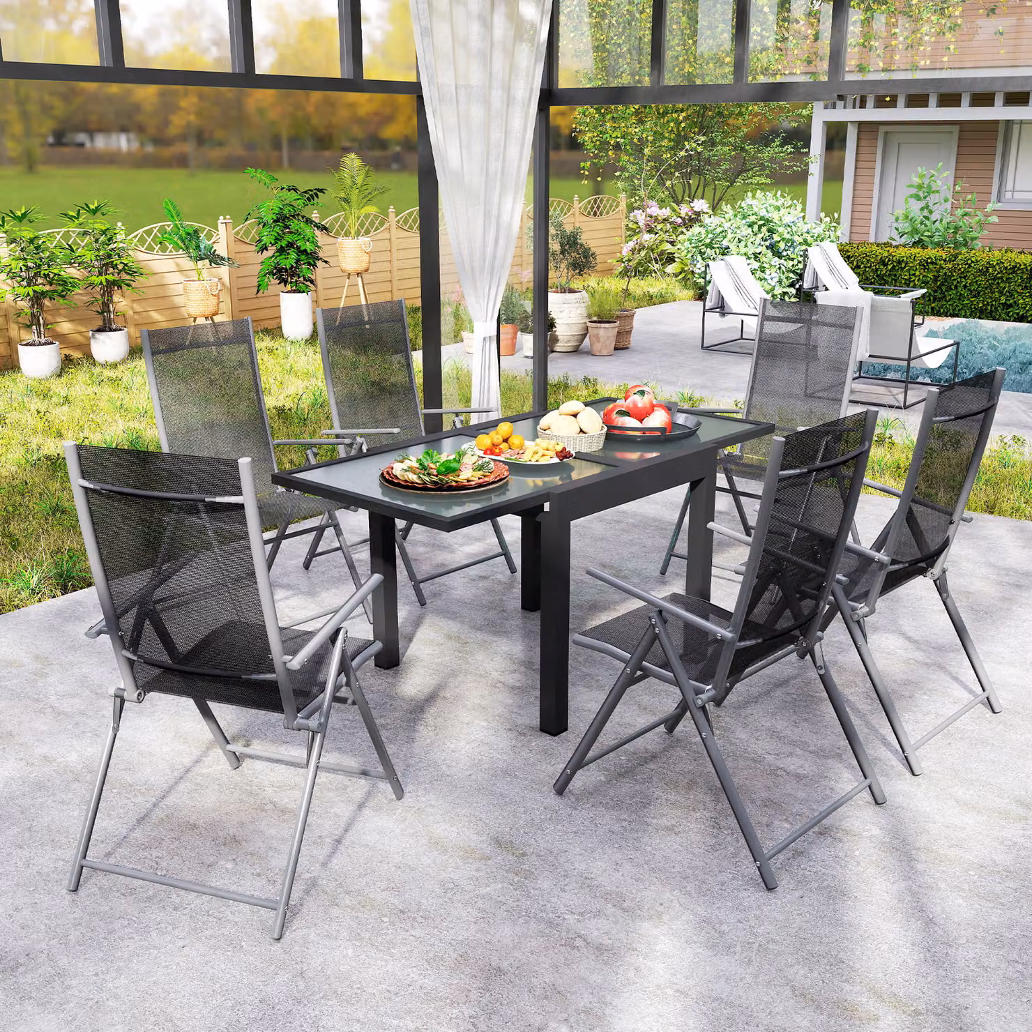 Outsunny Extendable Outdoor Garden Dining Table with Black Powder Coated Aluminium Frame and Clear Tempered Glass Top, W: 80/160 cm, D: 80 cm, H: 75 cm – 7