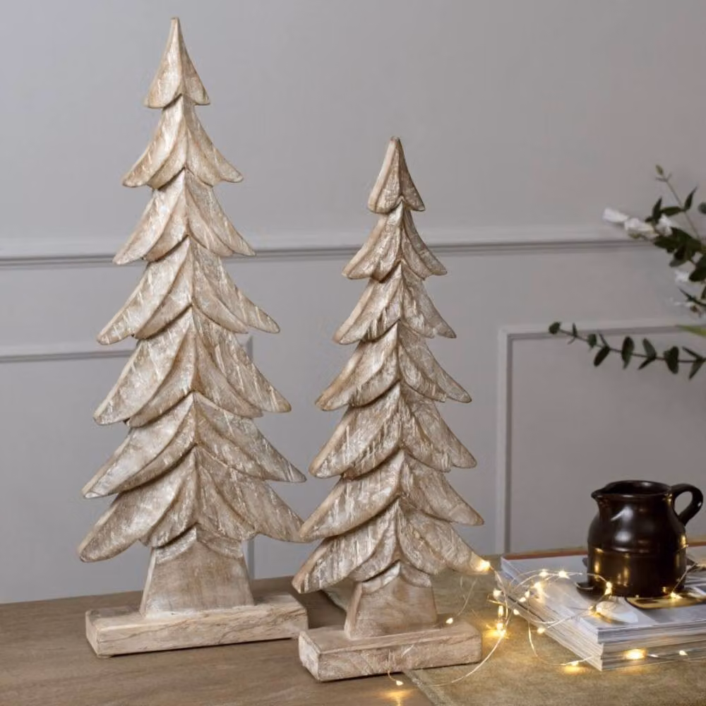 Lemon Pavilion Furniture and Decor Large Carved Rustic Wooden Christmas Tree, Brown, W: 18 cm, H: 52 cm, D: 5 cm – 2