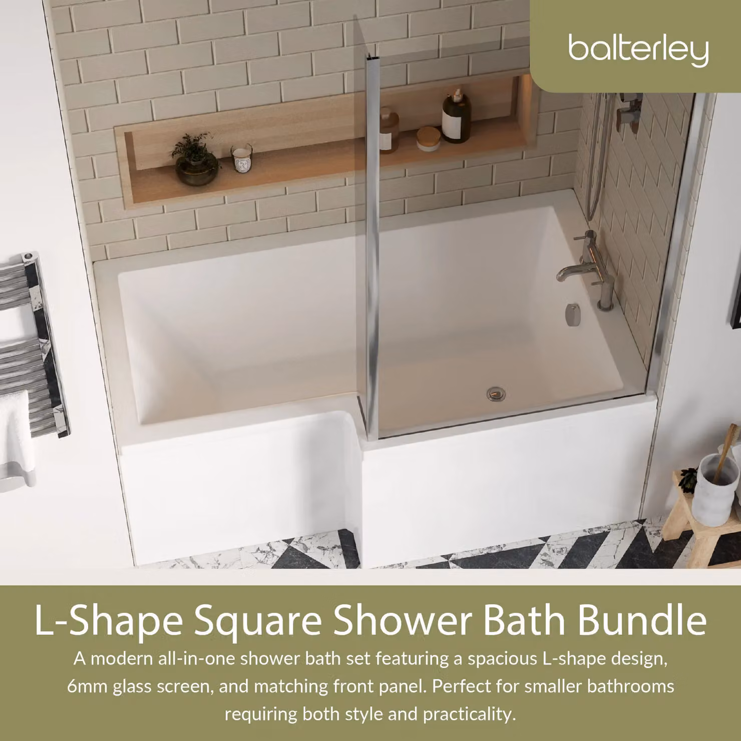 Balterley Right Hand L Shape Shower Bath with Glass Screen and Front Panel, White, Length: 150 cm – 2
