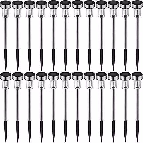 TecTake Set of 24 Solar LED Garden Post Lights in Silver Stainless Steel with Cool White Light and Dusk Sensor – 1