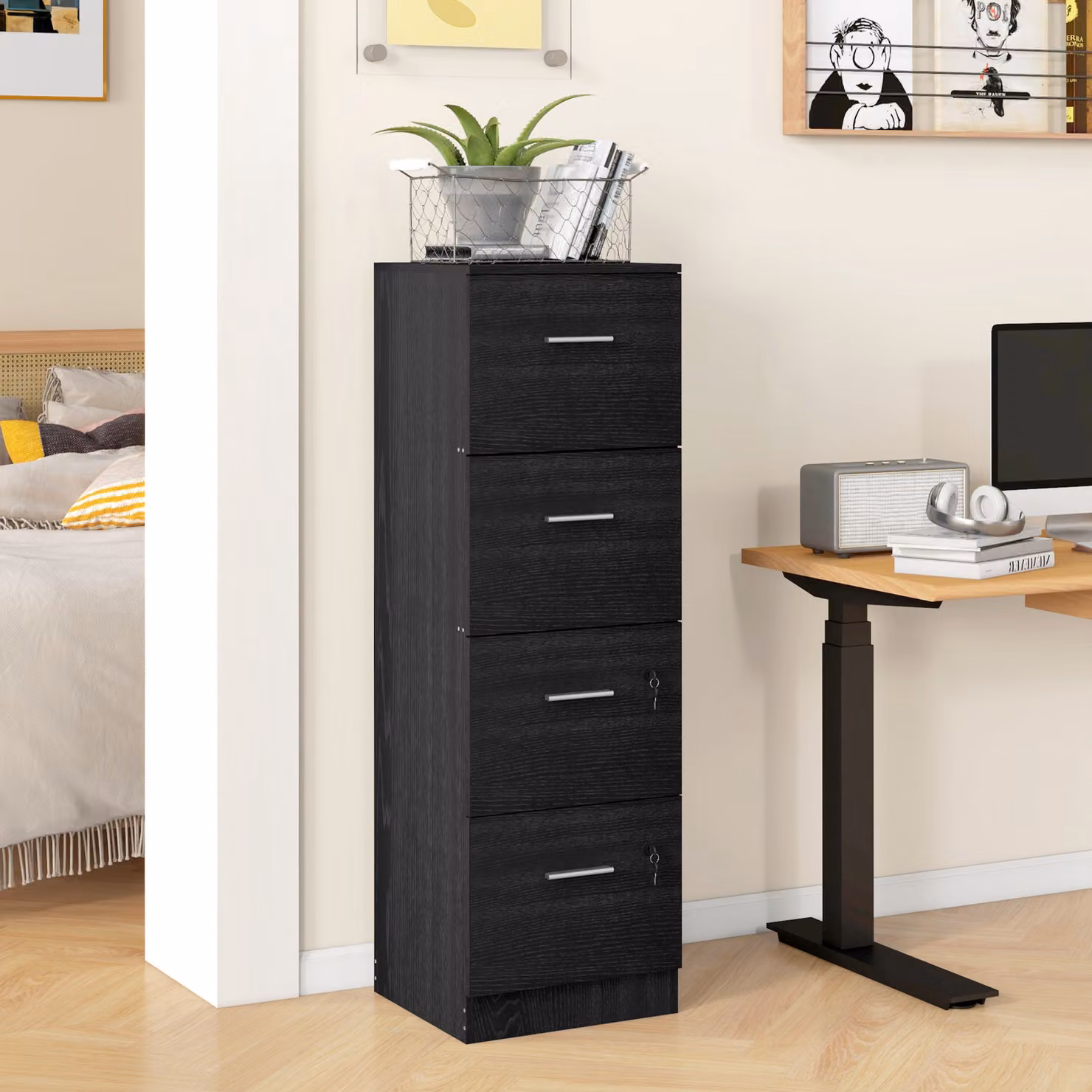 HOMCOM Black Tall Filing Cabinet with 4 Lockable Drawers and Adjustable Hanging Bar for A4 and Letter Size Documents – 2