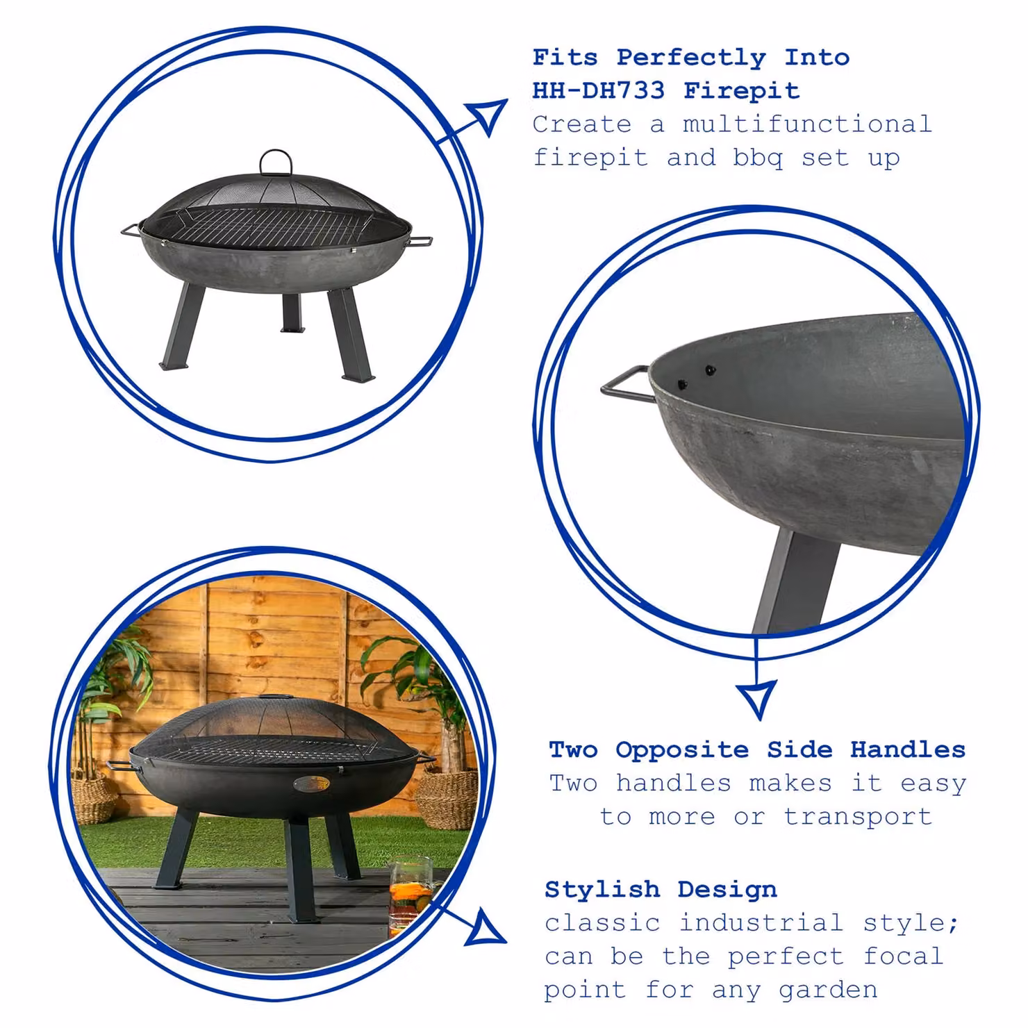 Harbour Housewares Grey Metal Fire Bowl and Grill Set with Spark Guard, Diameter: 72.5 cm – 2