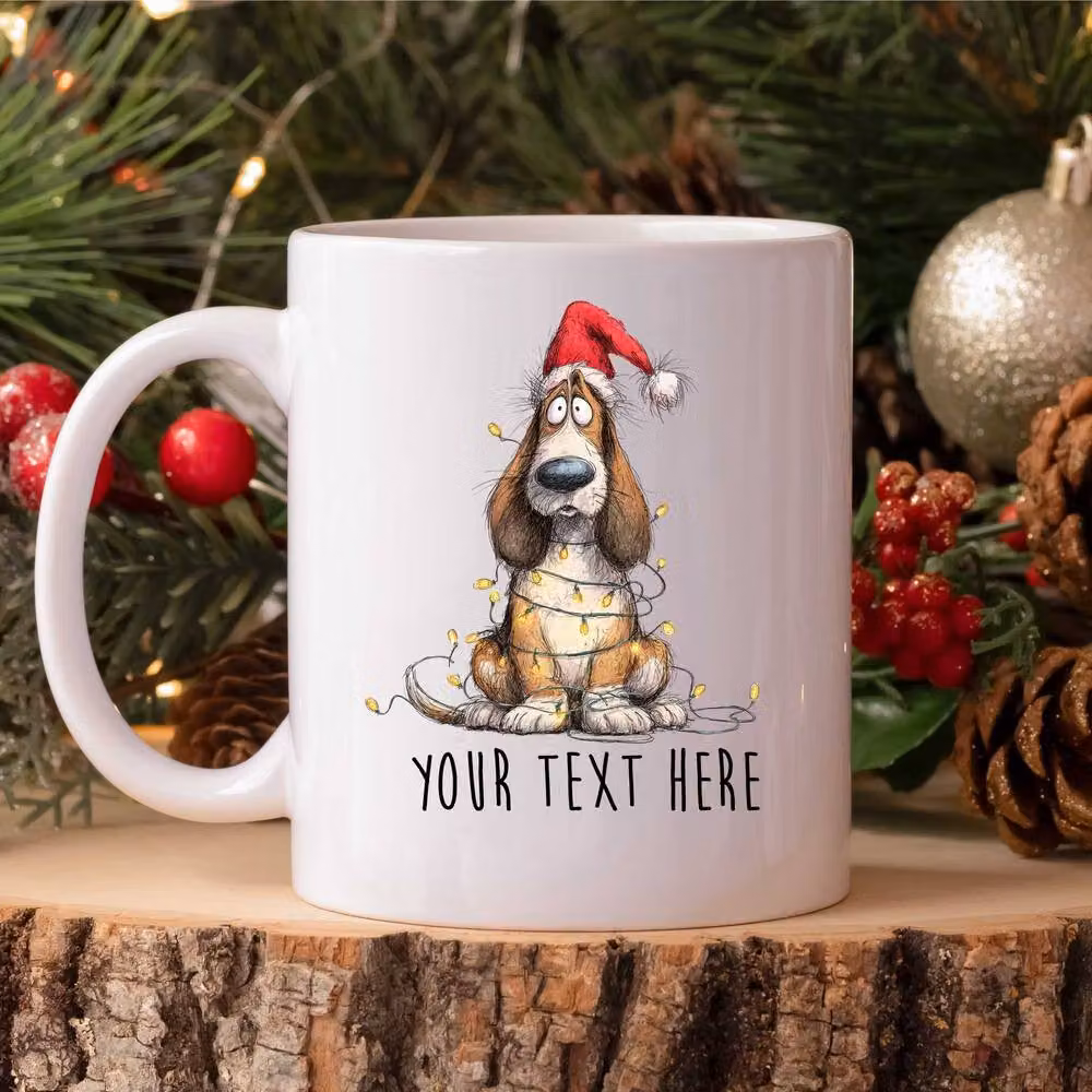 60 SECOND MAKEOVER Personalised Basset Hound Christmas Lights Santa Hat Ceramic Mug in White – 2