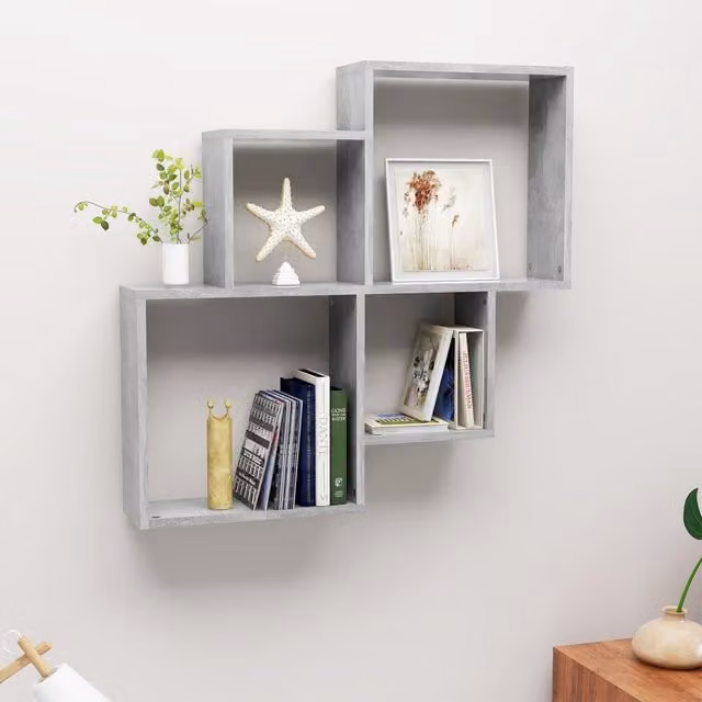 Berkfield Home Wall Mounted Cube Shelf in Concrete Grey, W: 80 cm, D: 15 cm, H: 78.5 cm – 1