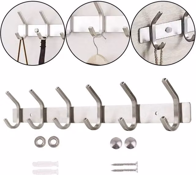 SPETLEK Heavy Duty 6 Hook Stainless Steel Wall Mounted Coat Hooks in Silver