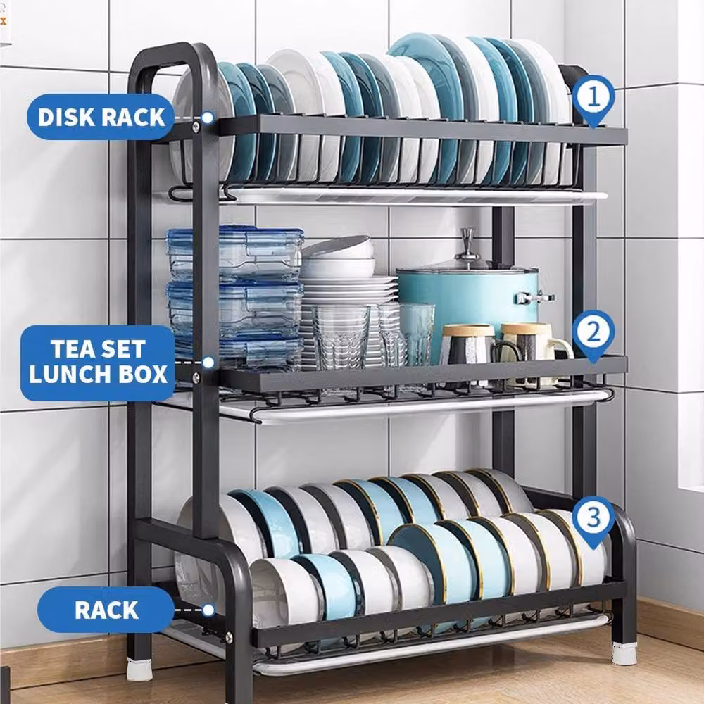 Kelvenix 3 Tier Dish Drainer Rack with Drip Tray and Cutlery Holder, Black, W: 52 cm, D: 53 cm, H: 61 cm – 3