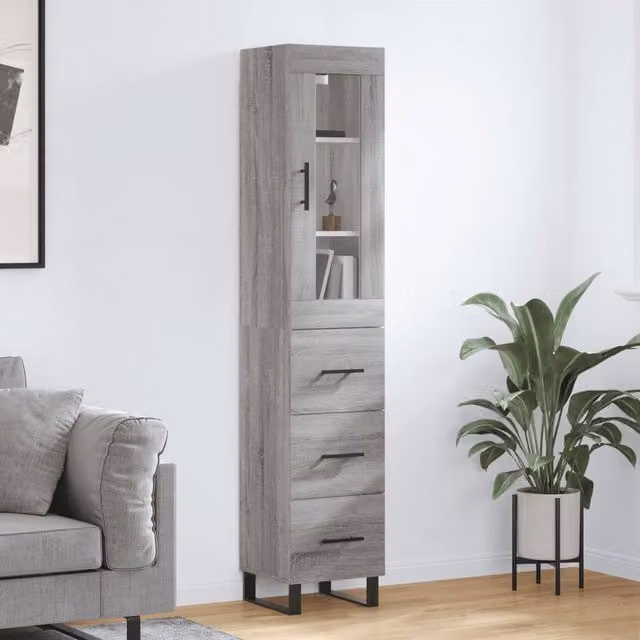 Berkfield Home Grey Sonoma Highboard with Glass Doors and Internal Shelves, W/D/H: 34.5 x 34.5 x 180 cm