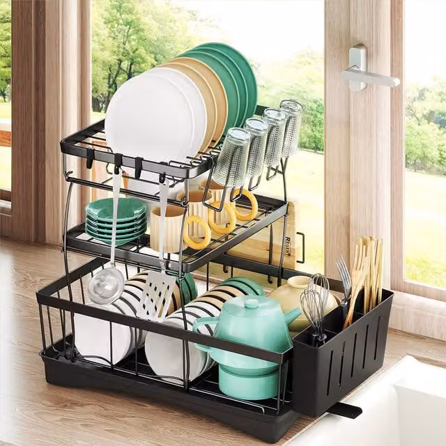 Toque 3 Tier Dish Drying Rack with Drip Tray and Cutlery Holder in Black – 1