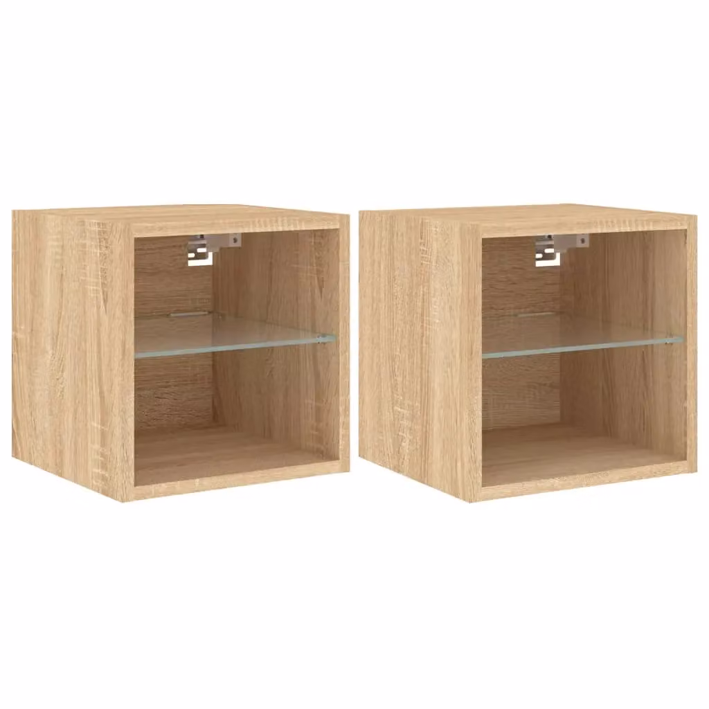 Berkfield Home Set of 2 Modern Wall-Mounted TV Cabinets with Integrated LED Lighting and Glass Doors in Sonoma Oak Brown, W/D/H: 30 x 28.5 x 30 cm – 2
