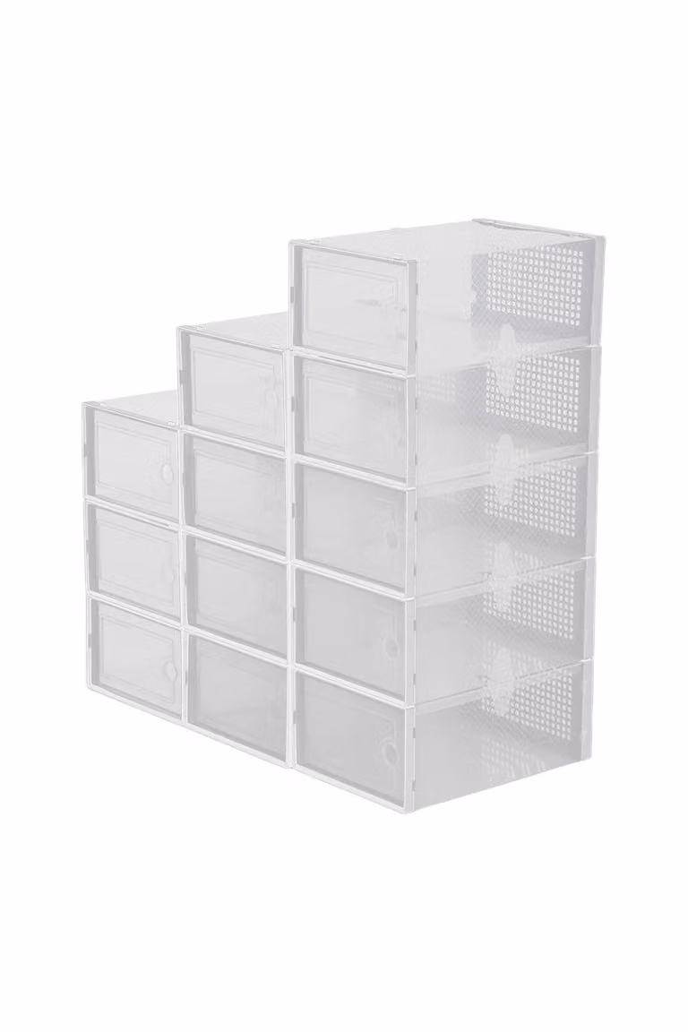 Living and Home 12-Piece Stackable Plastic Shoe Storage Box Organiser in White and Transparent