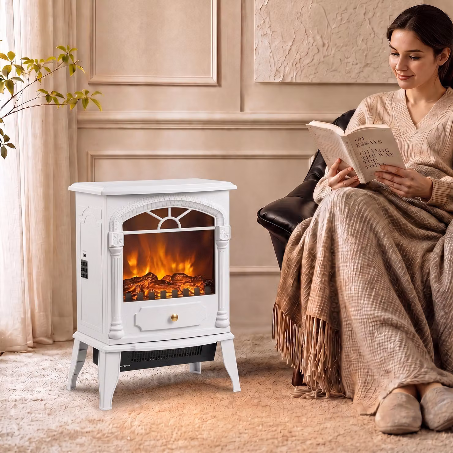 HOMCOM Freestanding Portable Electric Fireplace Stove Heater with 3D Flame Effect and Adjustable Thermostat, White – 2