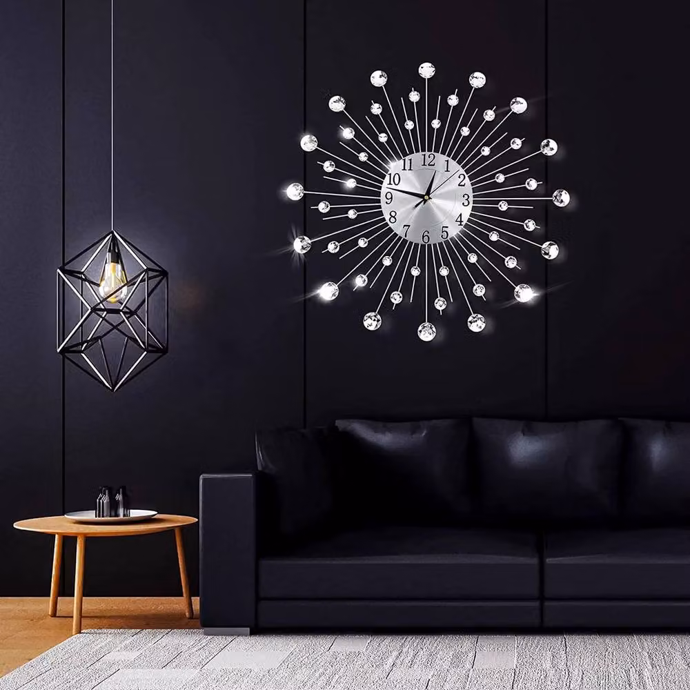 EONLION Silver Modern Round Geometric Wall Clock with Diamante Crystals, Diameter: 45 cm – 3