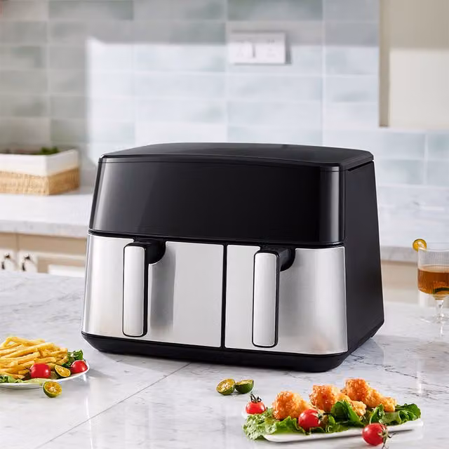 Living Star Dual Zone Digital Touch Screen Air Fryer in Black and Silver with Stainless Steel Finish