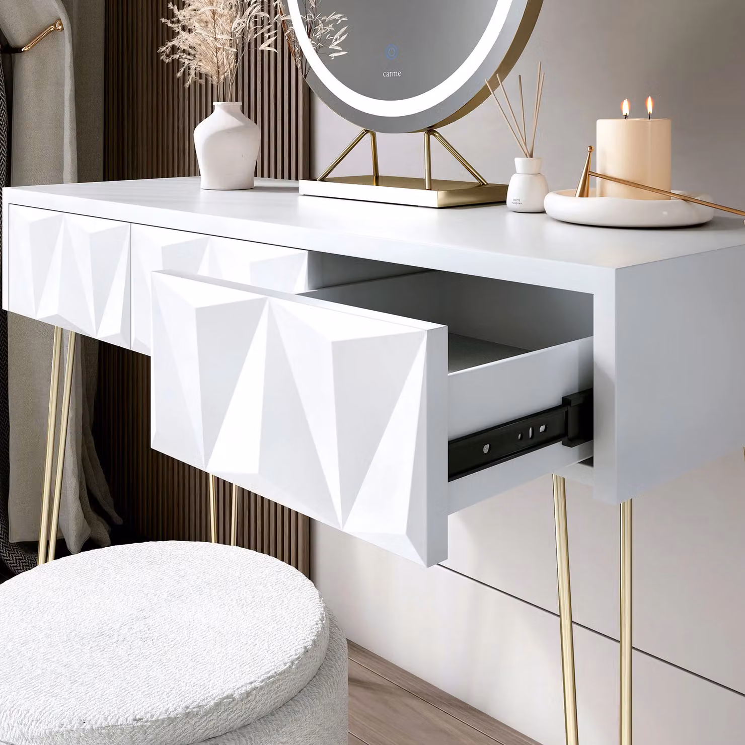 CARME HOME Claudia White 3 Drawer Dressing Table with Gold Metal Hairpin Legs – 2