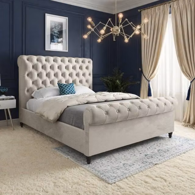 Casani Stourbridge Sleigh Upholstered Designer Bed Frame in Beige Soft Velvet, W/D/H: 144 x 119 x 200 cm