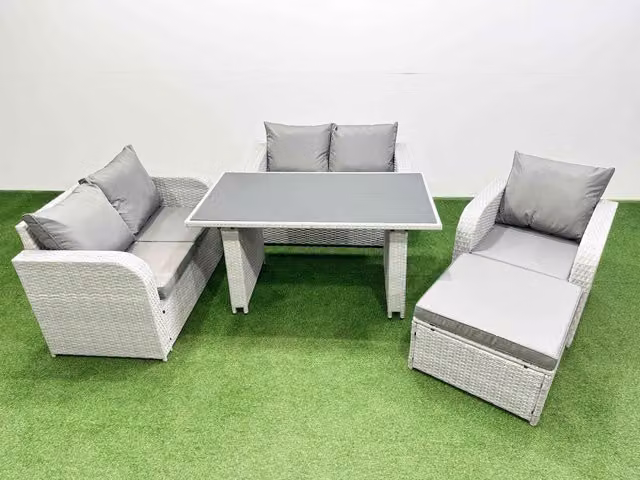 Fimous 6 Seater Outdoor Patio Furniture Set with Love Sofa and Big Stool in Light Grey