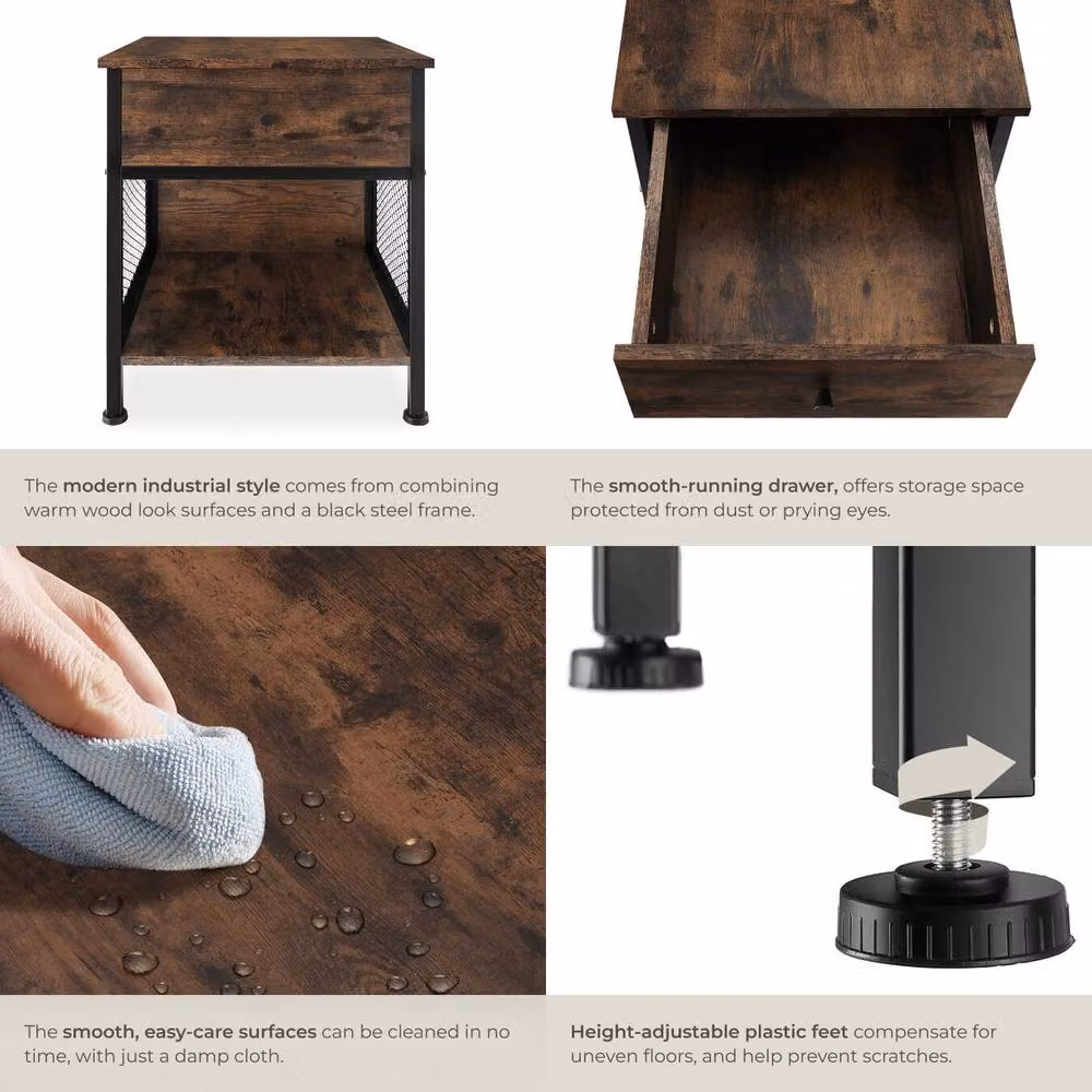 tectake Killarney Bedside Table with Shelf, Drawer and Open Storage in Brown – 4