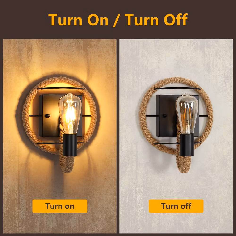COMELY Vintage Industrial Wall Lights in Black with Hemp Rope and E27 Socket – 6