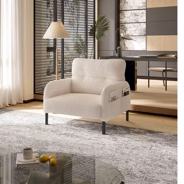 Direct Wicker Beige Corduroy Single Armchair with Solid Wood Frame and Foam Padding – 1
