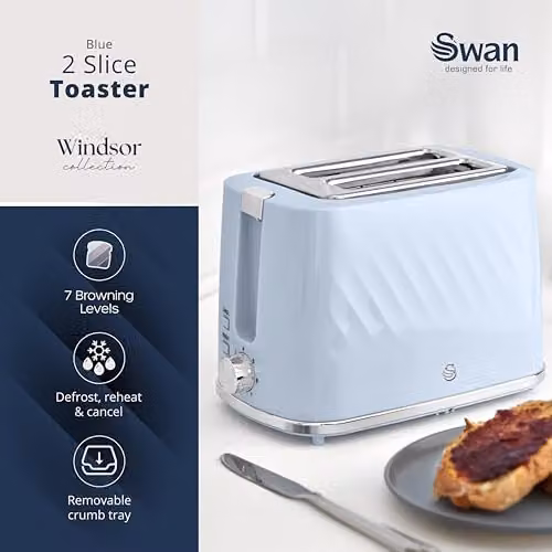Swan Windsor 2 Slice Toaster in Blue, 900W with 7 Browning Levels and Removable Crumb Tray, ST14071BLU – 2