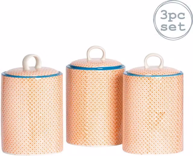 Nicola Spring Pack of 3 Orange Geometric Hand-Printed Ceramic Airtight Kitchen Canisters