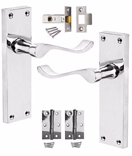 Golden Grace Scroll Latch Door Handles and Hinges in Polished Silver Zinc