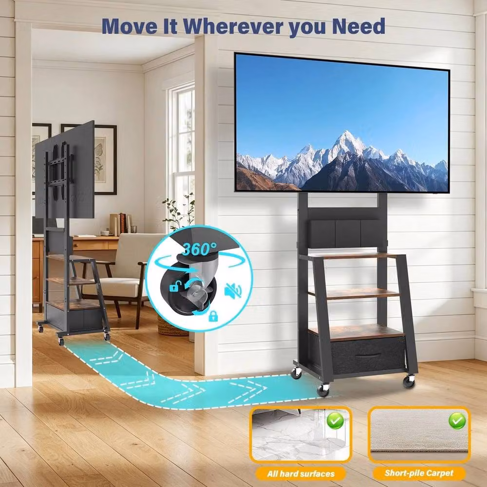 FORGEVIO Rolling TV Stand with Drawer and 3-Tier Storage for 23-60 Inch TVs, Black – 4