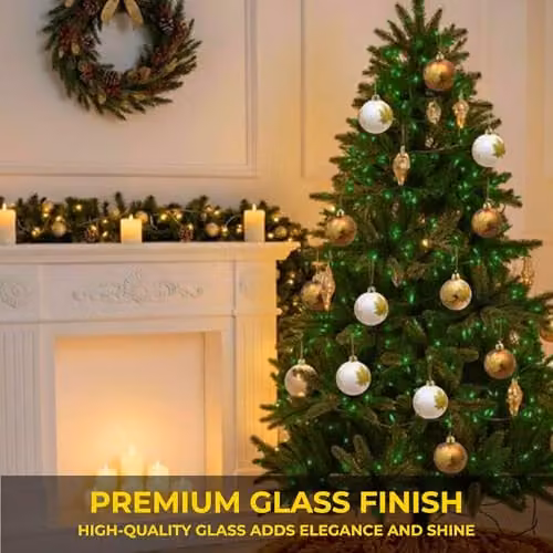 Shatchi 12-Piece Set of Classic Floral Glass Baubles in White, Gold and Brown for Christmas, Weddings or Parties, Diameter: 8 cm – 3