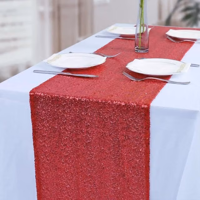 Trimming Shop Red Glitter Sequin Fabric Mesh Satin Rectangular Table Runner