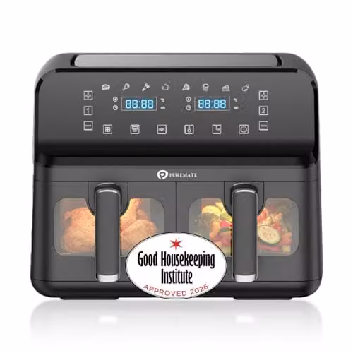 PureMate 9L Dual Air Fryer in Black with Digital Display, 2500W Dual Zone Cooking, Timer and Dishwasher Safe Parts