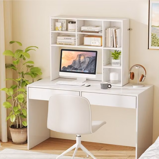 COSTWAY Modern White Glossy Desktop Bookshelf Display Rack with Adjustable Shelves and Back Panel